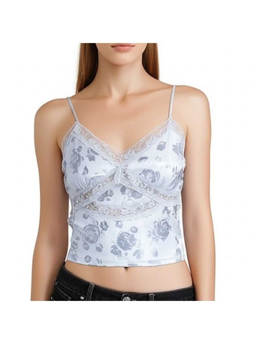 NWT Evolutionary Apparel blue floral satin lace cropped camisole lingerie top M